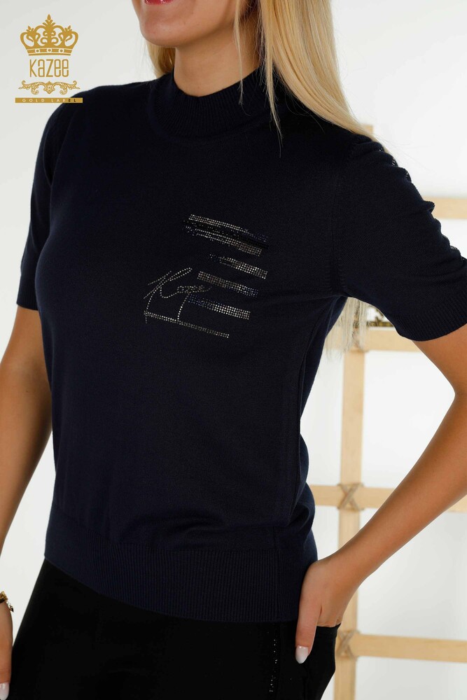 Pull en tricot pour femmes en gros pierre brodée bleu marine - 30491 | KAZEE - 2