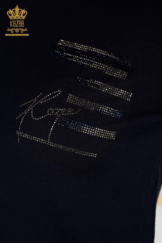 Pull en tricot pour femmes en gros pierre brodée bleu marine - 30491 | KAZEE