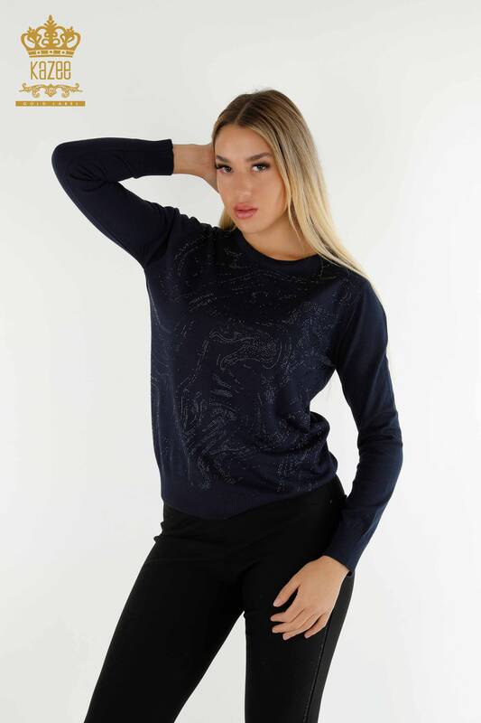 Pull en tricot pour femmes en gros pierre brodée bleu marine - 30594 | KAZEE