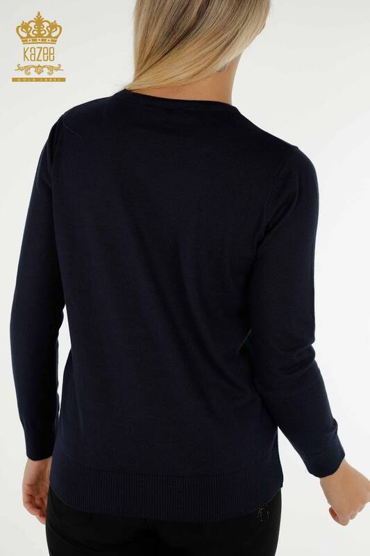 Pull en tricot pour femmes en gros pierre brodée bleu marine - 30594 | KAZEE