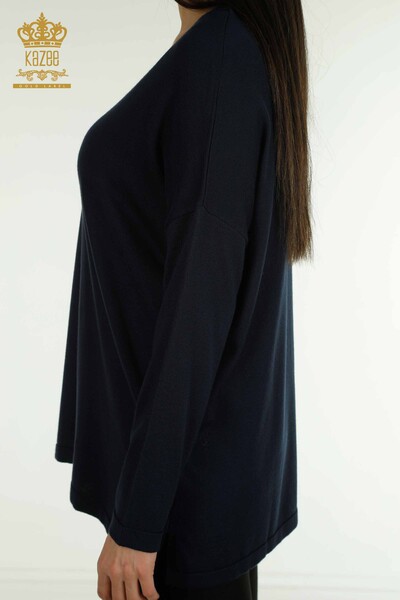 Pull en tricot pour femmes en gros avec broderie de pierres bleu marine - 30750 | KAZEE - Thumbnail