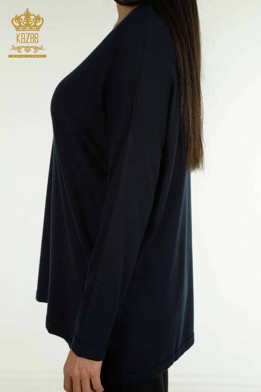 Pull en tricot pour femmes en gros avec broderie de pierres bleu marine - 30750 | KAZEE