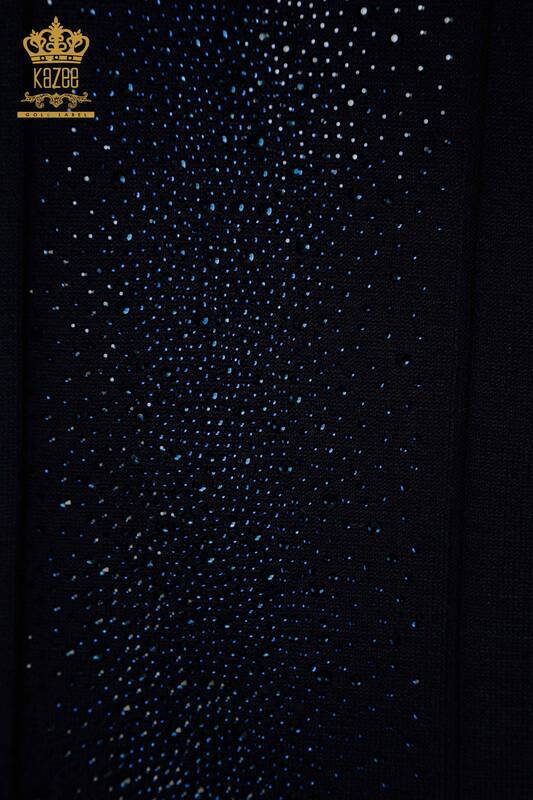 Pull en tricot pour femmes en gros pierre brodée bleu marine - 30761 | KAZEE