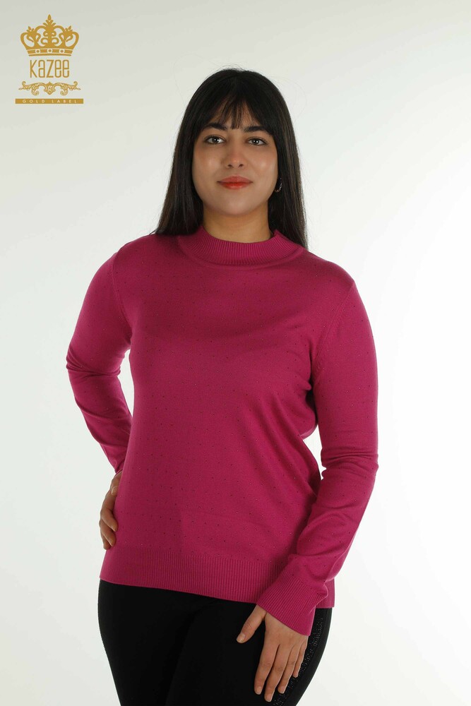 Pull en tricot pour femmes en gros pierre brodée fuchsia - 30677 | KAZEE - 1