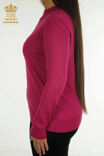 Pull en tricot pour femmes en gros pierre brodée fuchsia - 30677 | KAZEE - Thumbnail