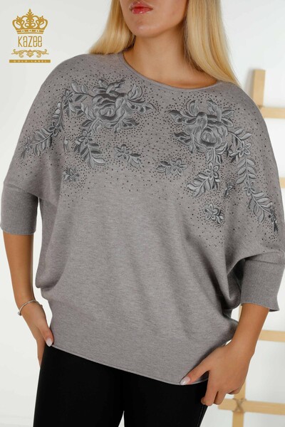 Pull en tricot pour femmes en gros pierre brodée gris - 16799 | KAZEE - Thumbnail
