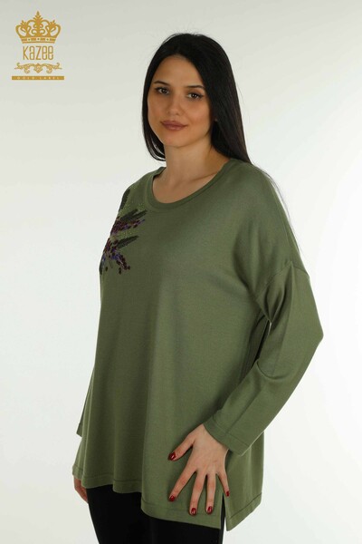 Pull en tricot pour femmes en gros, kaki brodé de pierre - 30750 | KAZEE - Thumbnail