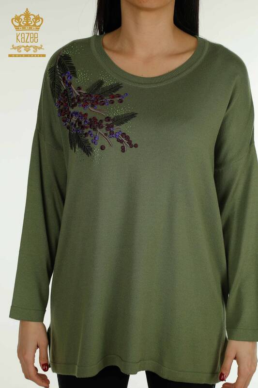 Pull en tricot pour femmes en gros, kaki brodé de pierre - 30750 | KAZEE