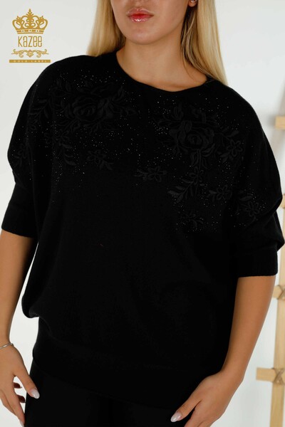 Pull en tricot pour femmes en gros noir avec broderie de pierre - 16799 | KAZEE - Thumbnail