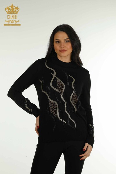 Kazee - Pull en tricot pour femmes en gros pierre brodée noir - 30096 | KAZEE