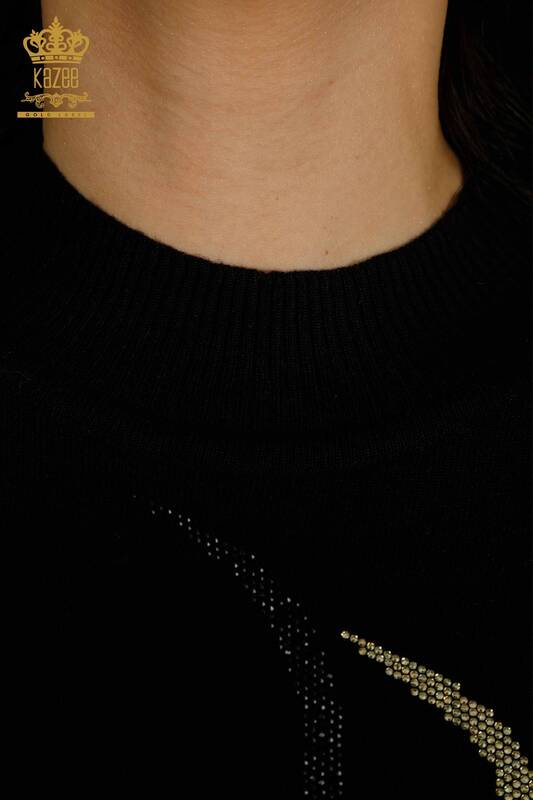 Pull en tricot pour femmes en gros pierre brodée noir - 30096 | KAZEE