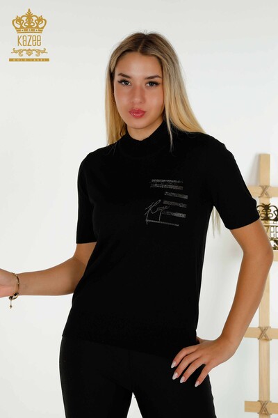 Pull en tricot pour femmes en gros noir avec broderie de pierre - 30491 | KAZEE - Thumbnail