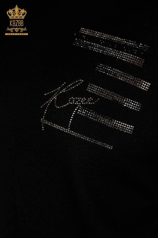 Pull en tricot pour femmes en gros noir avec broderie de pierre - 30491 | KAZEE