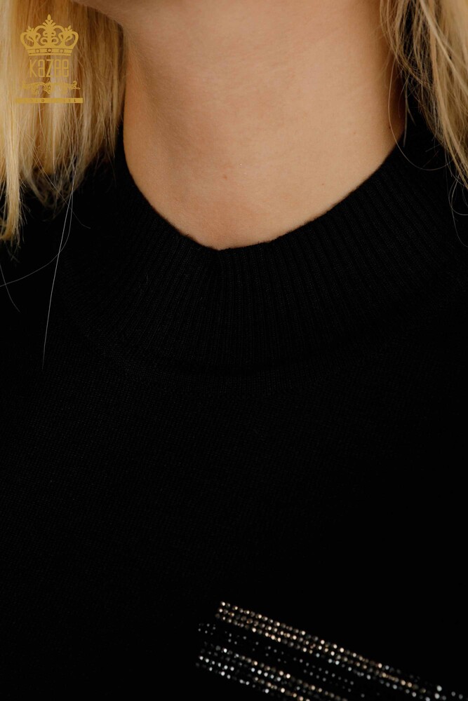 Pull en tricot pour femmes en gros noir avec broderie de pierre - 30491 | KAZEE - 4