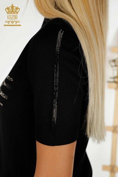 Pull en tricot pour femmes en gros noir avec broderie de pierre - 30491 | KAZEE - Thumbnail