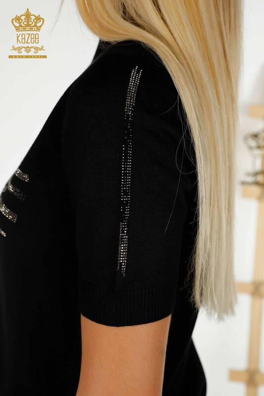 Pull en tricot pour femmes en gros noir avec broderie de pierre - 30491 | KAZEE