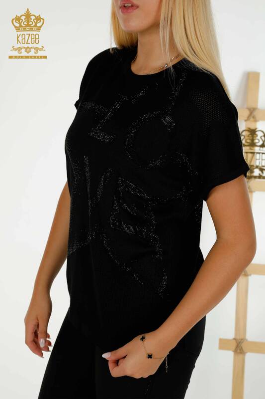 Pull en tricot pour femmes en gros pierre brodée noir - 30501 | KAZEE