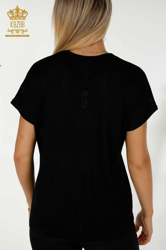 Pull en tricot pour femmes en gros pierre brodée noir - 30501 | KAZEE