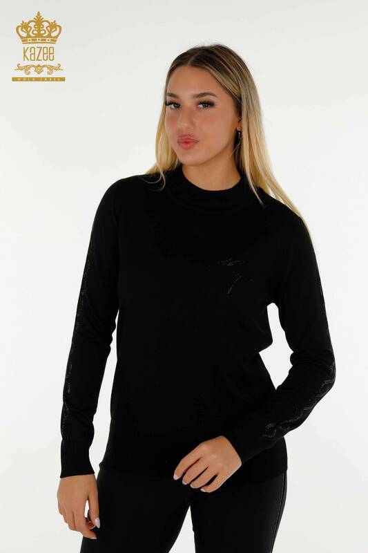 Pull en tricot pour femmes en gros noir avec broderie de pierre - 30553 | KAZEE