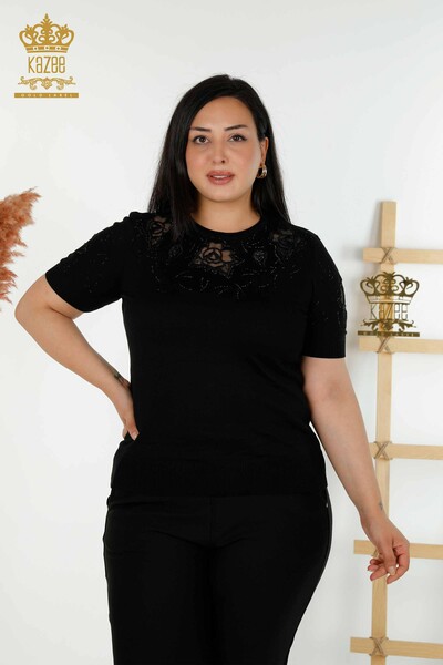 Pull en tricot pour femmes en gros pierre brodée noir - 30585 | KAZEE - Thumbnail