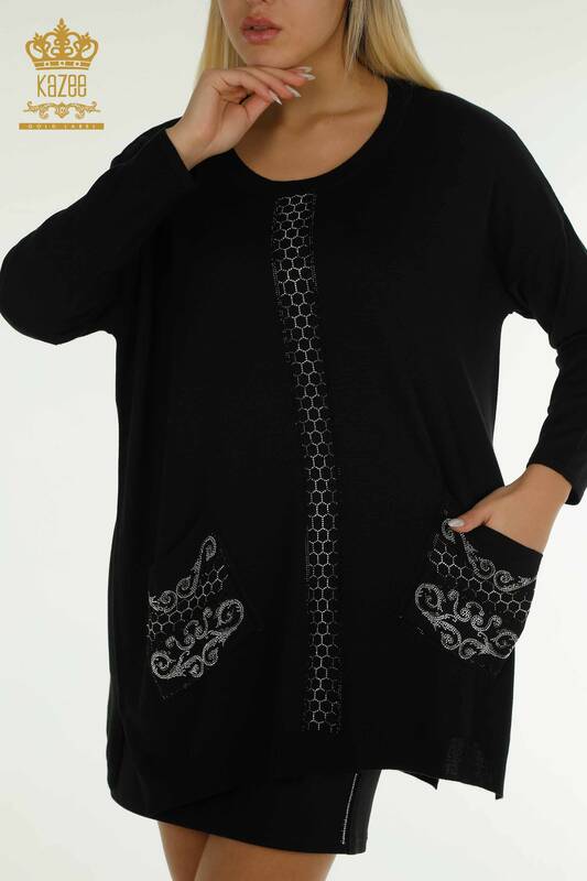 Pull en tricot pour femmes en gros pierre brodée noir - 30601 | KAZEE