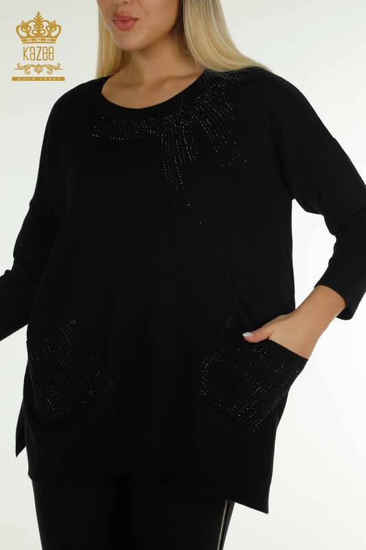 Pull en tricot pour femmes en gros pierre brodée noir - 30623 | KAZEE