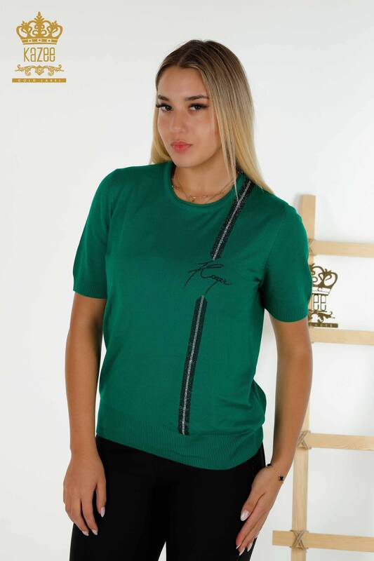 Vente en gros Pull tricot pour femmes - Pierre brodée - Vert - 30333 | KAZÉE