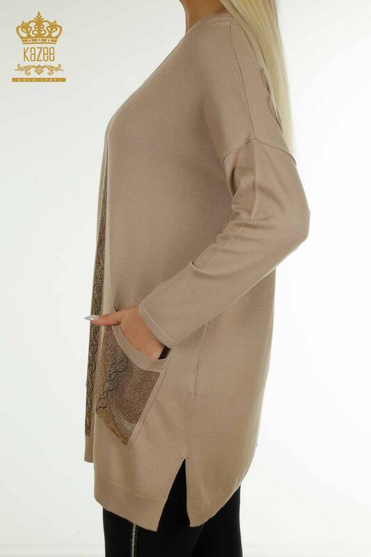 Pull en tricot pour femmes en gros avec détail de poche Beige - 30622 | KAZEE