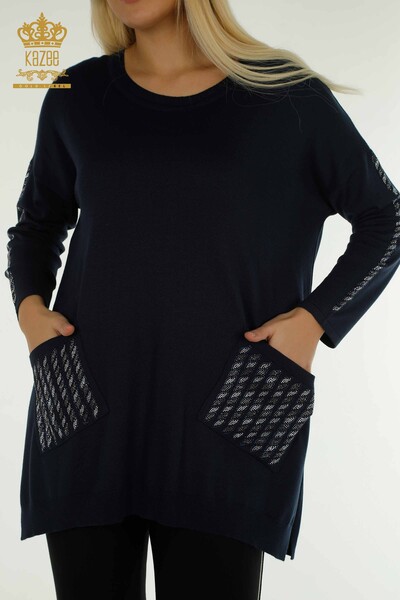 Pull en tricot pour femmes en gros avec détail de poche bleu marine - 30591 | KAZEE - Thumbnail
