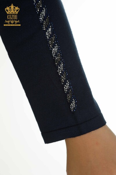 Pull en tricot pour femmes en gros avec détail de poche bleu marine - 30591 | KAZEE - Thumbnail