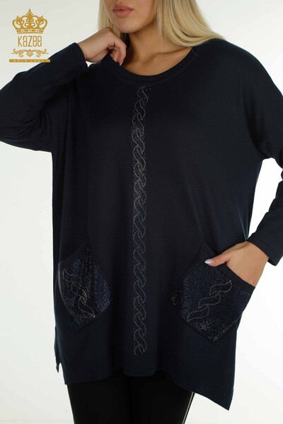 Pull en tricot pour femmes en gros avec détail de poche bleu marine - 30622 | KAZEE - Thumbnail