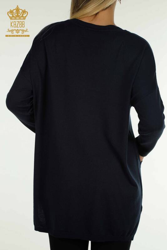 Pull en tricot pour femmes en gros avec détail de poche bleu marine - 30622 | KAZEE