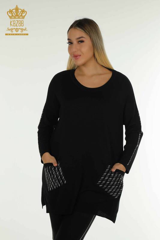 Pull en tricot pour femmes en gros avec détail de poche noir - 30591 | KAZEE
