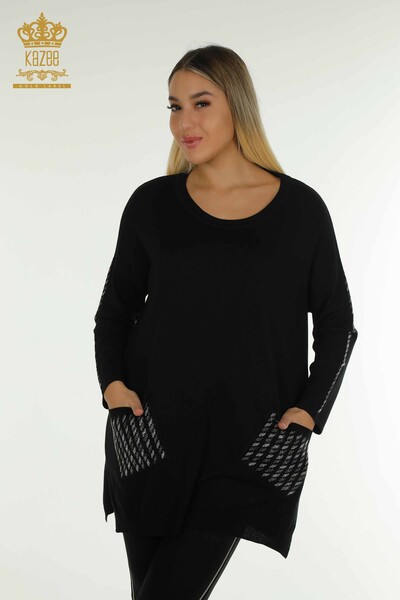 Pull en tricot pour femmes en gros avec détail de poche noir - 30591 | KAZEE - Kazee