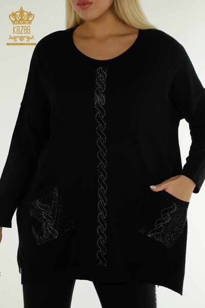 Pull en tricot pour femmes en gros avec détail de poche noir - 30622 | KAZEE - Thumbnail