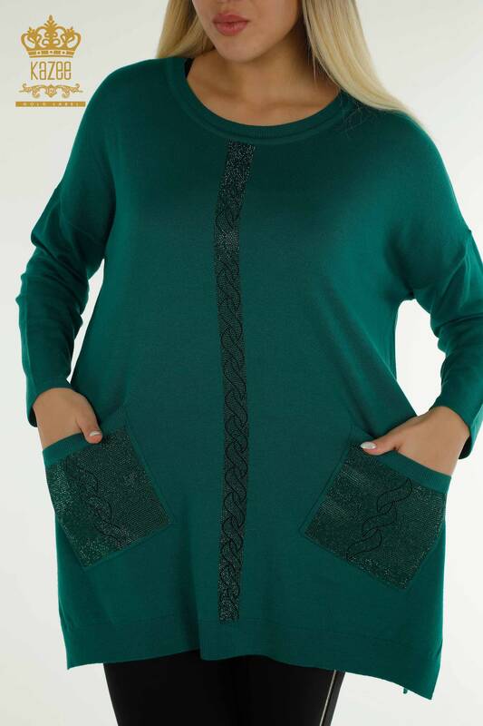 Pull en tricot pour femmes en gros avec détail de poche vert - 30622 | KAZEE