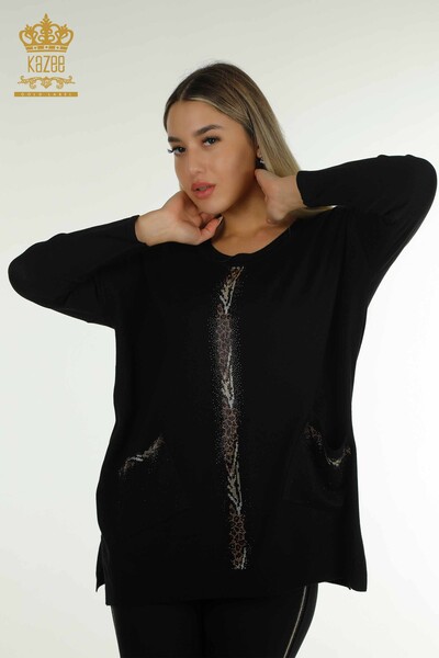 Pull en tricot pour femmes en gros à rayures pierre brodée noir - 30621 | KAZEE - Thumbnail
