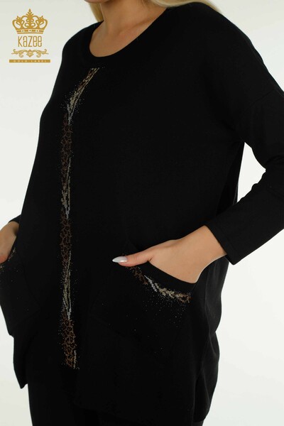 Pull en tricot pour femmes en gros à rayures pierre brodée noir - 30621 | KAZEE - Thumbnail