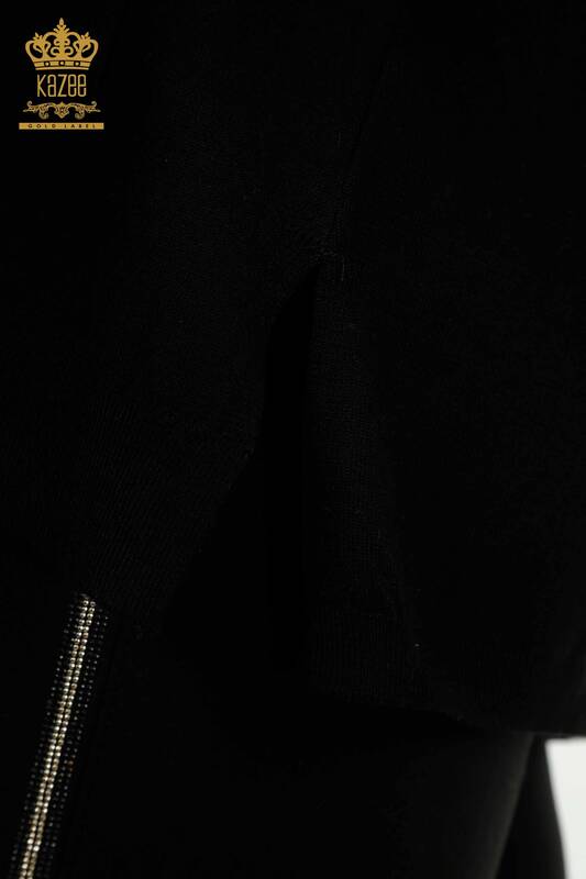Pull en tricot pour femmes en gros à rayures pierre brodée noir - 30621 | KAZEE