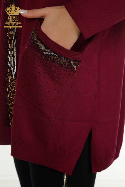 Pull en tricot pour femmes en gros à rayures pierre brodée lilas - 30621 | KAZEE - Thumbnail
