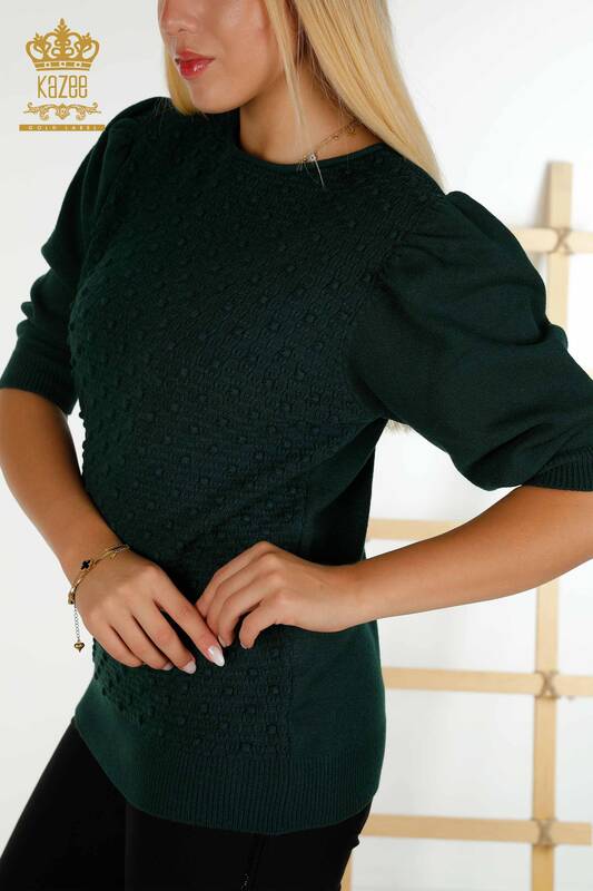 Vente en gros de tricots pour femmes pull tissé à manches ballon vert foncé - 30340 | KAZEE