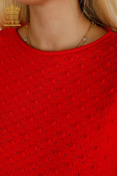 Vente en gros de tricots pour femmes pull tissé à manches ballon rouge - 30340 | KAZEE - Thumbnail