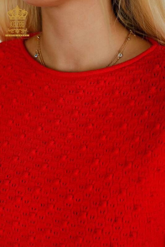 Vente en gros de tricots pour femmes pull tissé à manches ballon rouge - 30340 | KAZEE