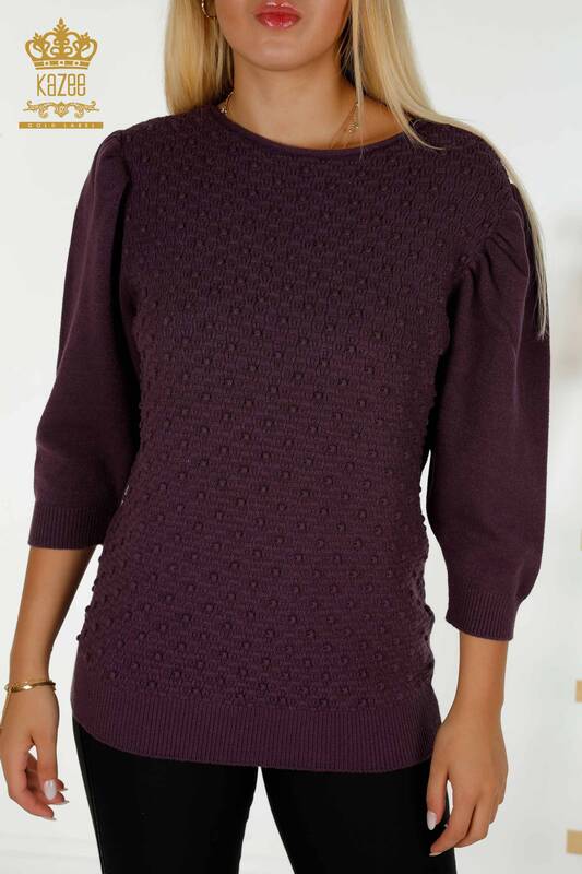 Vente en gros de tricots pour femmes pull tissé à manches ballon violet - 30340 | KAZEE