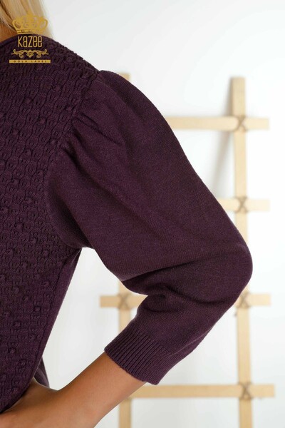 Vente en gros de tricots pour femmes pull tissé à manches ballon violet - 30340 | KAZEE - Thumbnail
