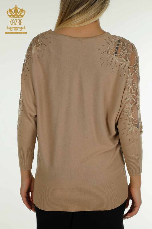 Pull en tricot pour femmes en gros avec détail en tulle Beige - 15699 | KAZEE