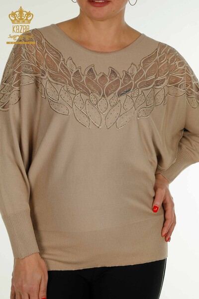 Pull en tricot pour femmes en gros avec détail en tulle Beige - 16942 | KAZEE - Thumbnail