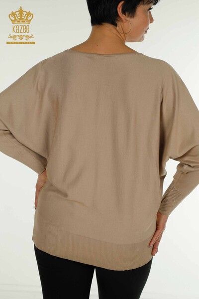 Pull en tricot pour femmes en gros avec détail en tulle Beige - 16942 | KAZEE - Thumbnail