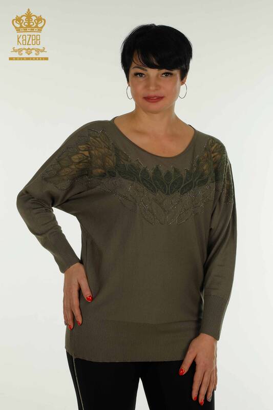 Pull en tricot pour femmes en gros Tulle détaillé kaki - 16942 | KAZEE