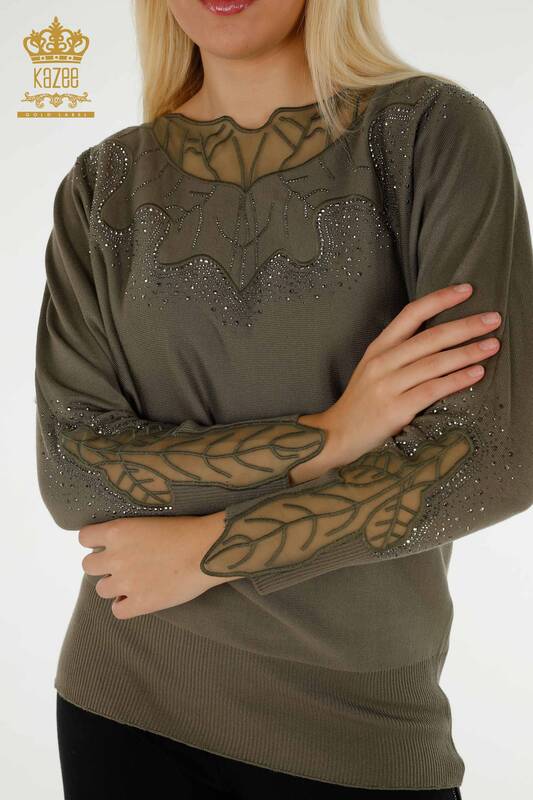Pull en tricot pour femmes en gros Tulle détaillé kaki - 30662 | KAZEE